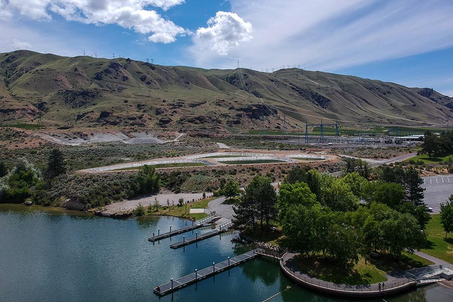 Contact - East Wenatchee, Washington Landscape, Featuring the Columbia River With Docks and Rugged Hills